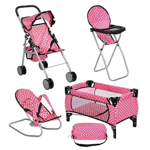 fash n kolor 4 Piece Doll Play Set, Includes - 1 Pack N Play. 2 Doll Stroller 3.Doll High Chair. 4.Infant Seat, Fits Up to 18'' Doll (4 Piece Set)