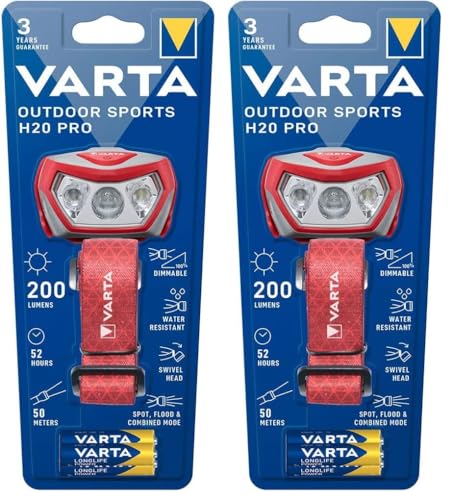 Varta Stirnlampe LED inkl. 3x AAA Batterien Kopflampe, Outdoor Sports H20 Pro, drei Leuchtmodi, spritzwassergeschützt, Dimmfunktion, mit schwenkbarem...