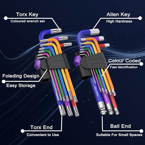 Image of 18 Pcs Hex Key Allen Wrench Set Long Ball End Allen Key & Torx TRX Star Coloured Wrench Set T10-T50 Hex Key Allen Wrench Set 1.5-10mm for Bicycle Repair, Household DIY