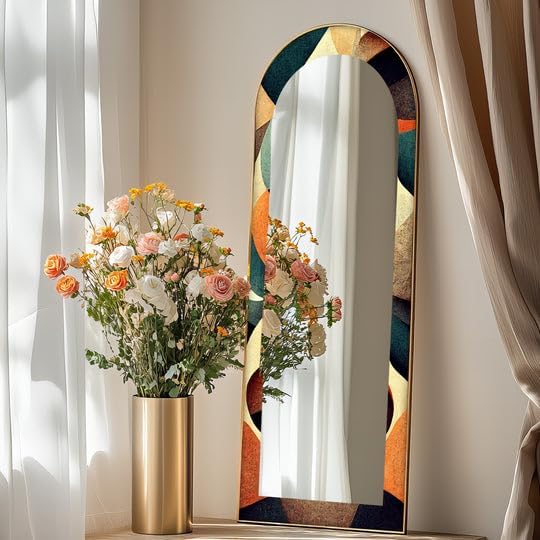 23,5’’W x 67’’H Retro Flow – Mid-Century Geometric Pattern Floor Mirror Arched Full Lenght Mirror - Arch Full Body Stained Floor Mirror with Black Frame with Gold Frame