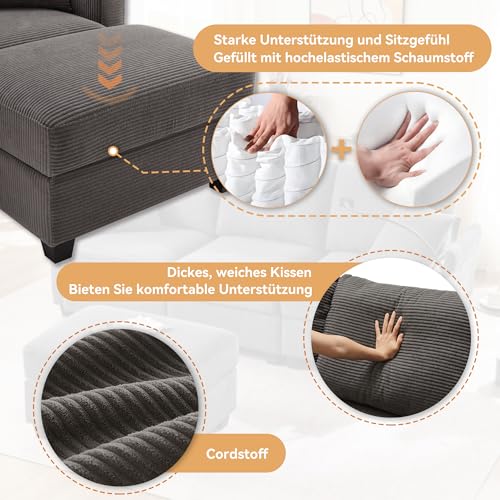 Arhatreya 3 Sitzer L-förmiges Sofa Gästesofa Modern Couch mit 2 Kissen, 3er Sitzsofa mit Getränkehalter Fußhocker und Getränkehalter, Ecksofa für Wohnzimmer, Schlafzimmer, Buros, Cordstoff, Grau – Bild 7