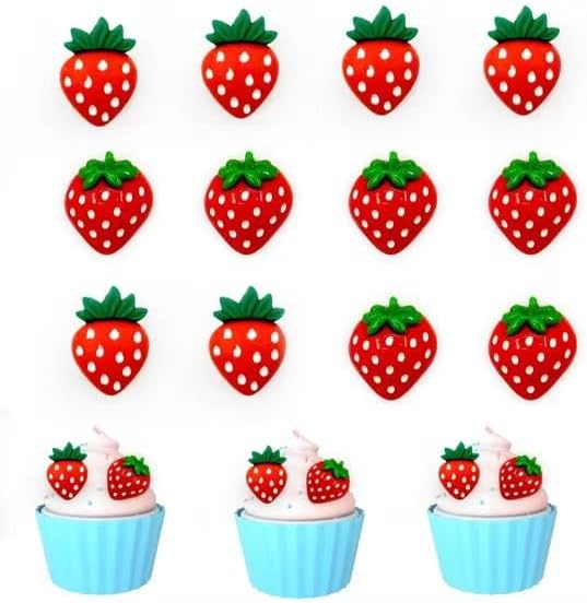 Foowztao24 Pack Strawberry Cupcake Toppers Resin Strawberry Cupcake Picks for Fruit Strawberry Birthday Decorations for Baby Shower Kids Party Supplies