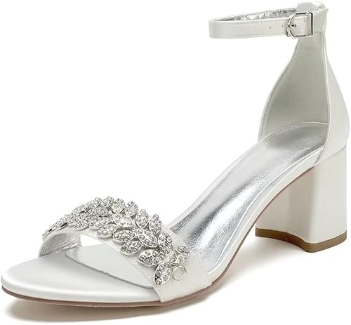 Sandalias de boda con tacón de bloque Zapatos para novia Punta abierta Cristales Formal Fiesta Tacones Sandalia 1151-3
