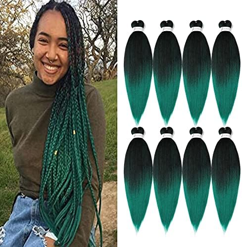 Pre-Stretched Braiding Hair, 24 inch Braiding Hair 8 Packs Ombre Black to Green Professional Soft Yaki Texture, Itch Free, Hot Water Setting Hair Extensions for Braids (24in,1B/Green)