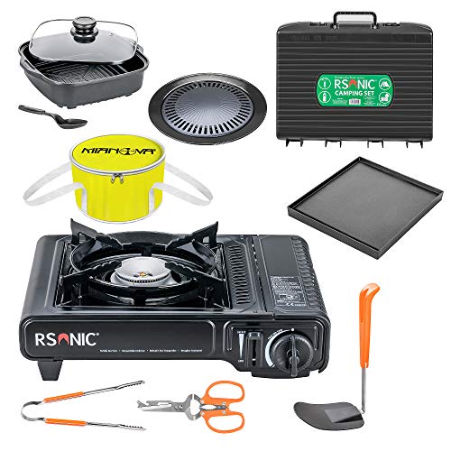 Megaset RS-2800 Campingkocher Gaskocher Shisha BBQ Anzünder Grill Grillanzünder Kühltasche Gaskartuschen Gas Kocher Herd Set + Grillplatte