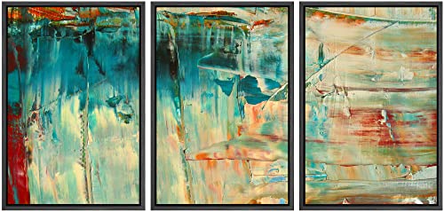 wall26 Framed Canvas Print Wall Art Set Thick Teal, Tan & Orange Paint Color Field Abstract Shapes Illustrations Modern Art Chic Colorful Ultra for Living Room, Bedroom, Office - 24"" x36 x3 Black