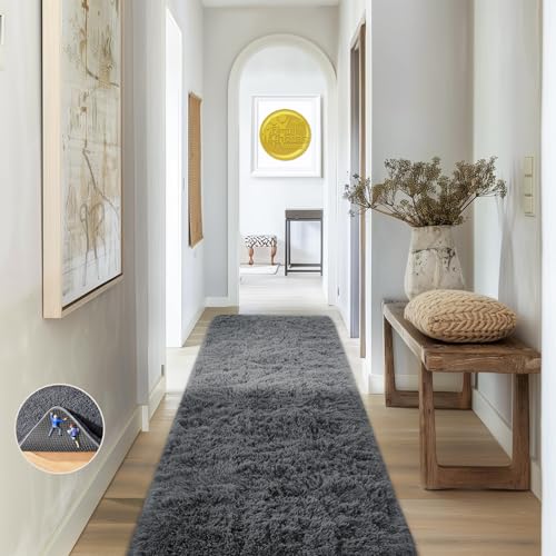 Ophanie Runner Rug for Hallway, 2x6 Upgrade Non-Slip Fluffy Soft Bedside Rugs, Bedroom Living Room Grey Shaggy Gray Carpet for Kids Girls Boys Dorm Nursery Home Decor Aesthetic
