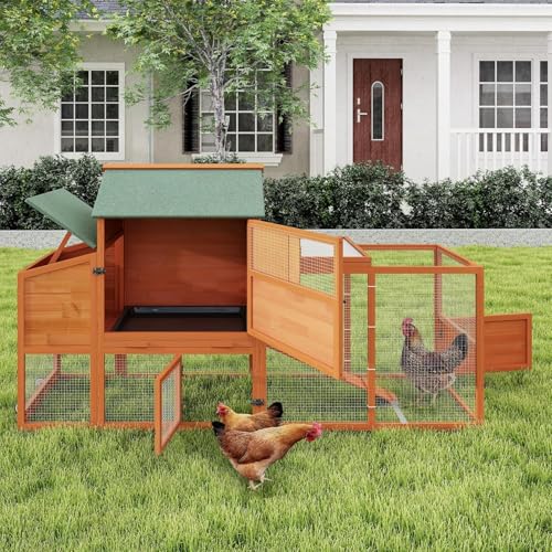 Image of COZIWOW 82 inch Large Wooden Chicken Coop, Outdoor Rabbit Hutch with Wheels, Sunshine Board, Asphalt Roof, Ramp, Openable Top, Door, Window, Pull-Out Tray, Indoor Bunny Cage (Orange with Pattern)
