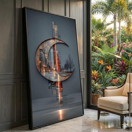 Toile contemporaine croissant de lune et paysage urbain XINBAO art mural unique