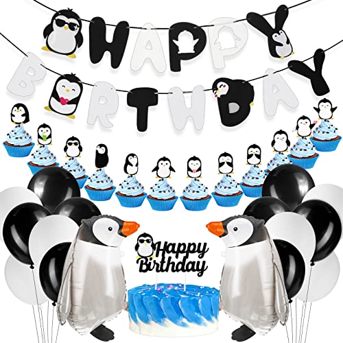48 Pieces Penguin Birthday Party Decoration Includes Happy Birthday Penguin Banner Walking Penguin Balloons Penguin Cake Topper Latex Balloons Penguin Party Supplies for Birthday Baby Shower Party