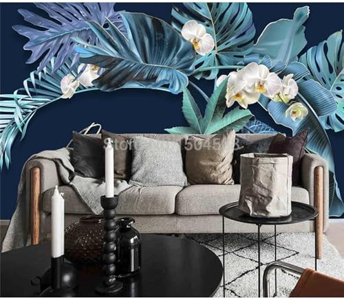 Papier peint 3D feuilles bleues et fleurs blanches sur mesure pour salon