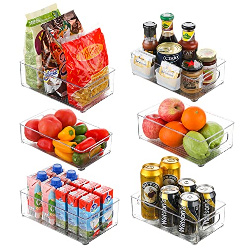Vocavi Kühlschrank Organizer Stapelbar 6er Set, Durchsichtig Griffen Aufbewahrungsbox mit 6 Gewürz Stauraum für kühlschrank, Schränke, Regale, spülbecken, kosmetik Büromaterial, werkzeug organizer Cover