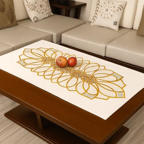 Image of Homerz Premium Table Runner, PVC, Size- 92x34 cm | Waterproof, Heat Resistant, Non-Slip, Easy to Clean Soft Table Runner for Coffee Table, Dining Table and Centre Table. (Golden pro)