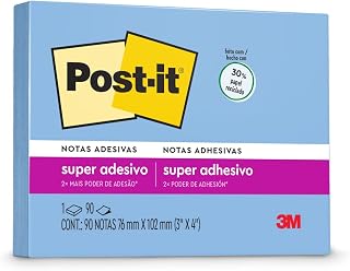 Post-it, 3M, Bloco de Notas Super Adesivas, Azul Cristal, 76mm x 102mm, 90 folhas