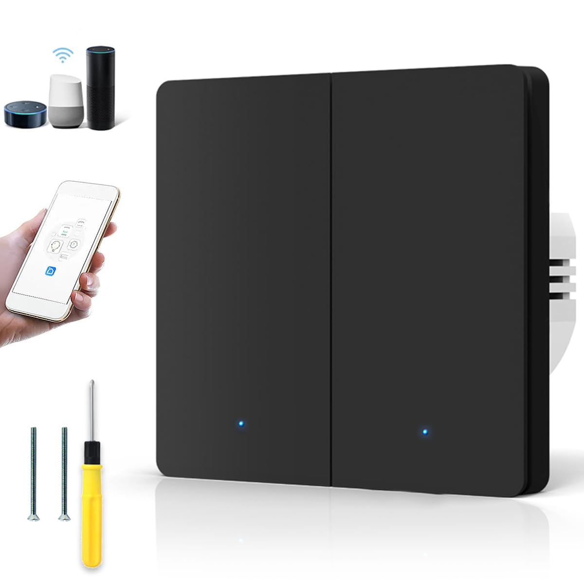 Acmerota Interruptor de luz de pared inteligente ZigBee Interruptor de luz inteligente Requiere cable neutro, interruptor de luz de control remoto de 2 gangs compatible para Alexa (negro)