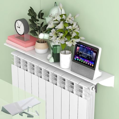 Hmtbet Estante Radiador Blanco, Cubreradiador Antihumo con Soporte de 8cm, previene el Deflector de la Pared de fumigación para Hogar Oficina Cocina Dormitorio Sala de Estar,Blanca,60cm*14.5cm