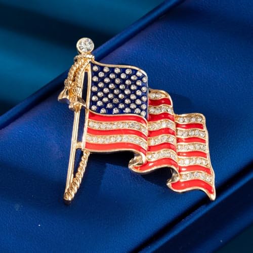 Image of Patriotic USA Flag Brooch Pin for Women Fashion Crystal Blue Red Independence Memorial Day Lapel Pin 4th of July Dress Accessories