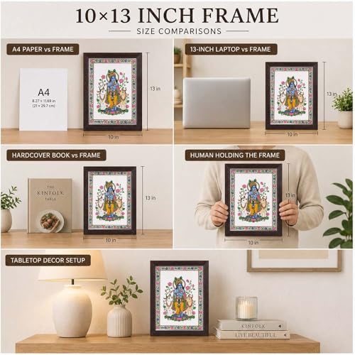 Image of PAPER PAJAMA Lord Krishna with Cow Wall Art for Living Room | Madhubani Krishna Flute Painting | Traditional Mithila Religious Framed Decor for Home, Temple & Office (10x13 Inches)