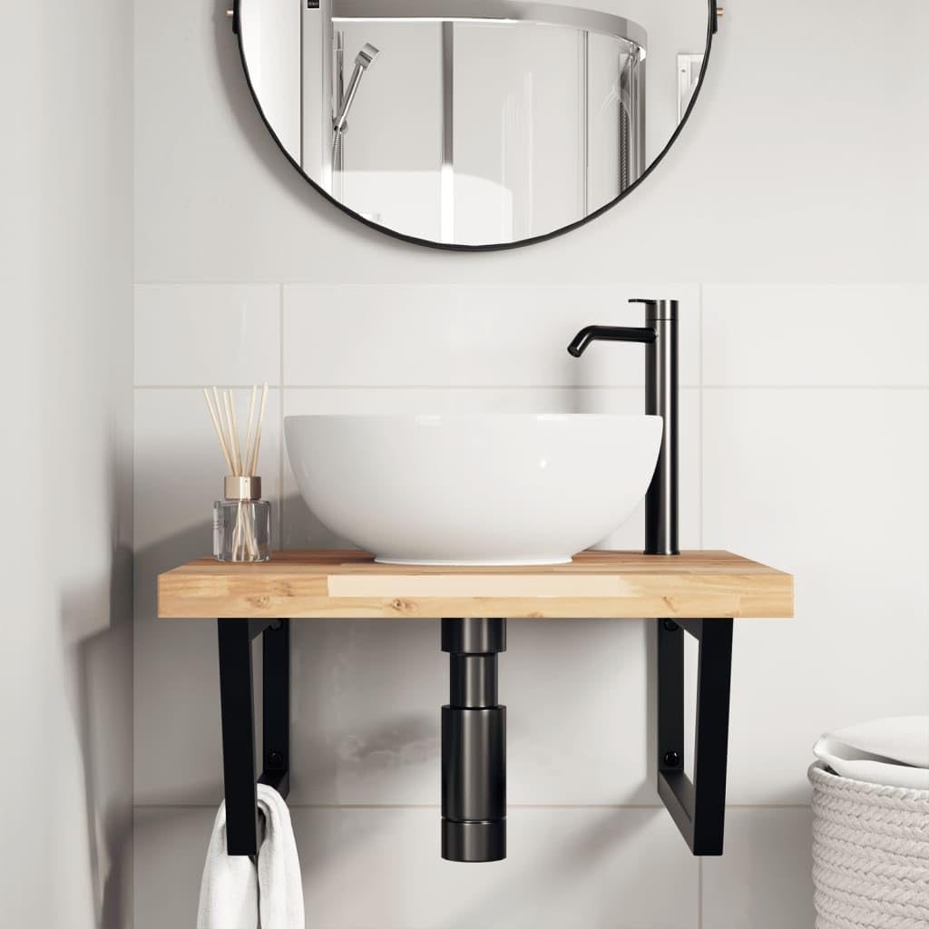 Estantería para lavabo de pared de acero y madera de acacia – Estantería montada en la pared para lavabo de acero y madera con soportes de acero para un almacenamiento elegante que ahorra espacio