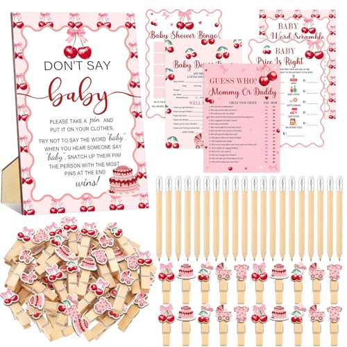 Image of Patelai 321 Cherry Baby Shower Decorations Games Supplies Pink She's The Cherry on Top Baby Shower Games Themed Don't Say Sign for Cherries Themed Gender Reveal Birthday Party Decorations Supplies
