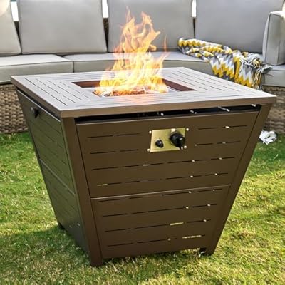 PaPaJet 32" Large Propane Fire Pit Table, 50,000 BTU Gas Fire Pit Table, Square Firepit Table with Lid and Lava Rock, Outdoor Propane Firepit for Garden, Backyard, Patio