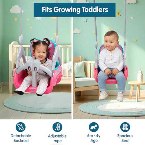 Image of Amazon Brand - Supples Baby Swing for Kids | Non-Toxic Plastic | Indoor & Outdoor Use | Adjustable Design with Safety Belt | Age 6 Months to 4 Years | Blue & Pink