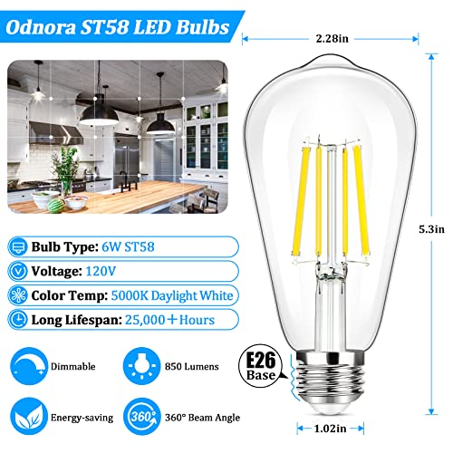 Odnora Dimmable E26 Led Bulbs 60W Equivalent 6W 850 Lumens Vintage Led Edison Bulbs, St58 5000K Daylight White Edison Light Bulbs, Antique Led Filament Bulb With Clear Glass, 4 Packs #TOP1