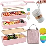 Bento Box Japanese Lunch Box Kit (11 PCS) 3-In-1 Compartment, Leak-proof Bento Lunch Box Meal Prep Containers with Utensils, Bento Boxes for Adults/Kids (Pink)