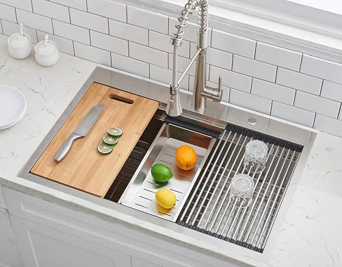 SHACO 33x22 Inch Drop In Kitchen Sink, 33 Inch Stainless Steel Top Mount Single Bowl Large Overmount Double Ledge Workstation Sink with Accessories, Brushed Nickel