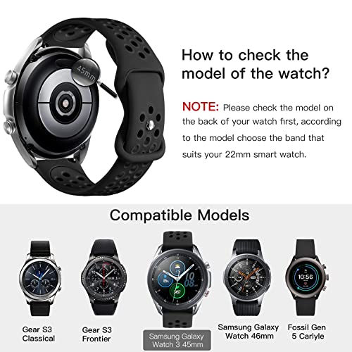 Rubinom Compatible For Samsung Watch 3 Bands 45Mm/Galaxy Watch Bands 46Mm/Gear S3 Frontier/Classic Watch, 22Mm Watch Band Quick Release Silicone Breathable Strap Wristband For Men, Black/Black,Large #TOP1