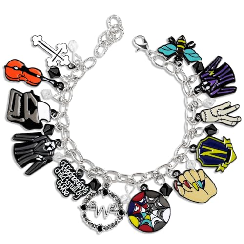 Seekora Wednesdays Child Is Full of Woe Charm Bracelet Gothic Dark Academy Jewelry for Teens and Women with Enamel Charms & Gift Pouch (Enamel)