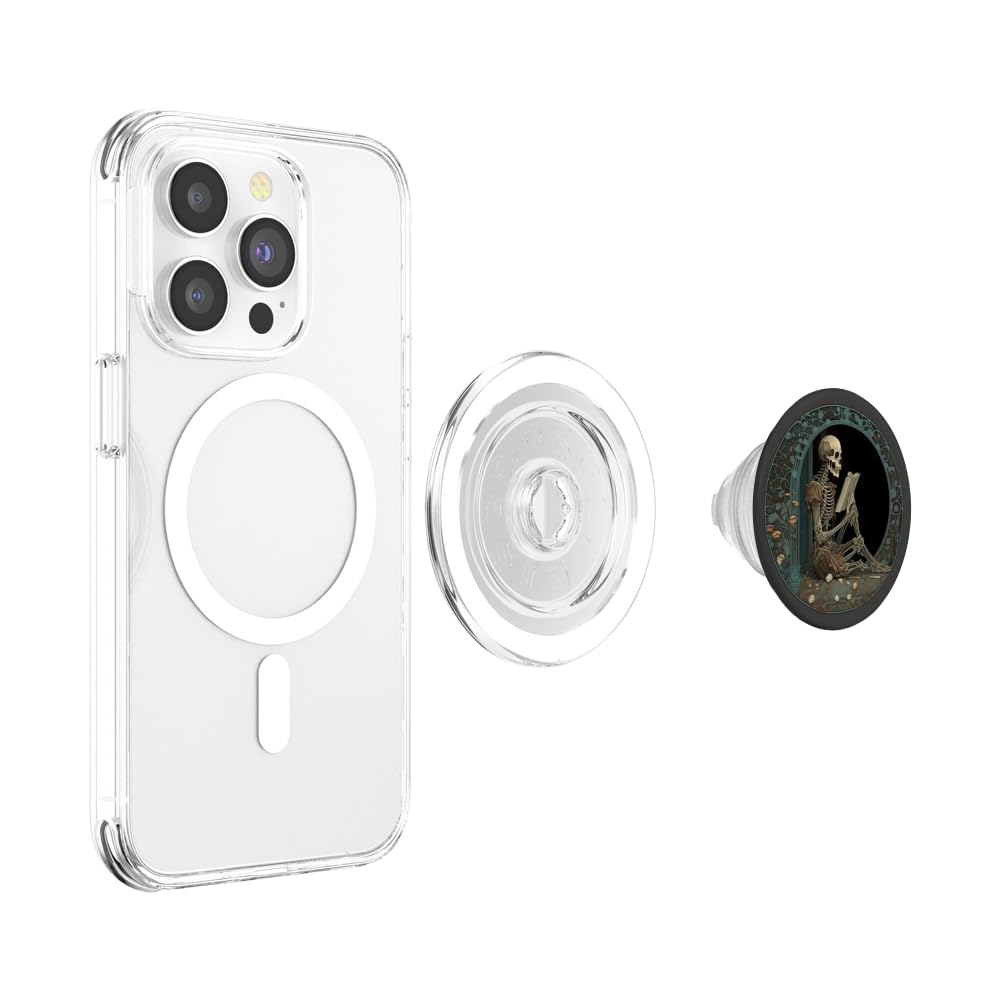 Cute & Creepy Book Lover Goth Skull Design Co Librarian Skeleton Gothic Goth Book Reading Lover PopSocket for Smartphones with Smooth, Hard, Plastic Cases - Black: Magnetic PopGrip