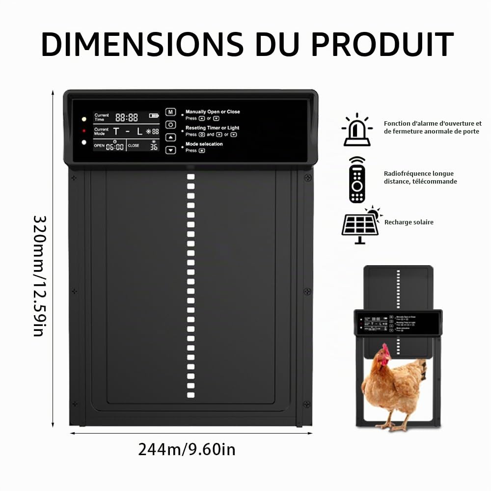 Porte Poulailler Automatique Solaire, Aluminium Renforcé pour Poules, avec Minuterie, Capteur de Lumière, Télécommande, Étanche IP45, Anti-Pincement Intelligent Porte Poulailler Automatique