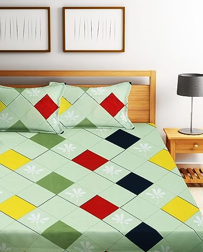 Image of Home Sizzler 210TC Colorful Geometry Red & Green Elastic Fitted Double Bedsheet with 2 King Size Pillow Covers, Fit for Mattress: 72 inchX75 inch & 72 inchX78 inch