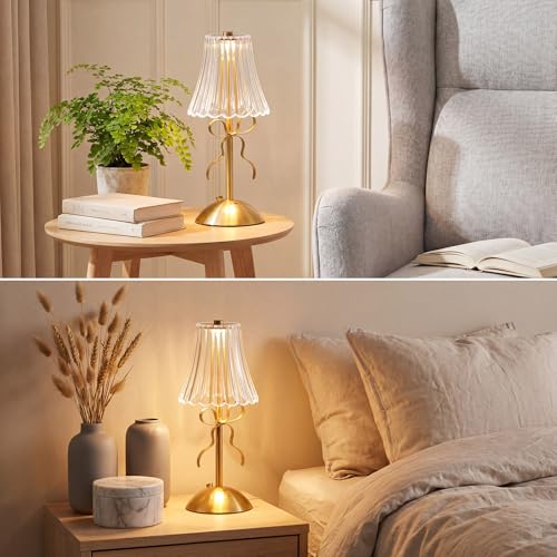 Image of Liliful 2 Pcs Cordless Table Lamp Rechargeable Touch LED Small Gold Portable Battery Operated USB-c Desk Lamp 3 Color Dimmable for Bedroom Living Room Dining (Gold,Bow Rose Style)