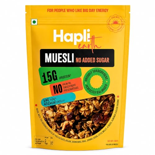 Image of Hapli Earth 6 Millet Muesli No Added Sugar | 15g Protein, High Fibre | Healthy Breakfast Cereal with Rolled Oats, Almonds, Black Raisins & 4 Seeds | No Palm Oil, No Preservatives | 400g