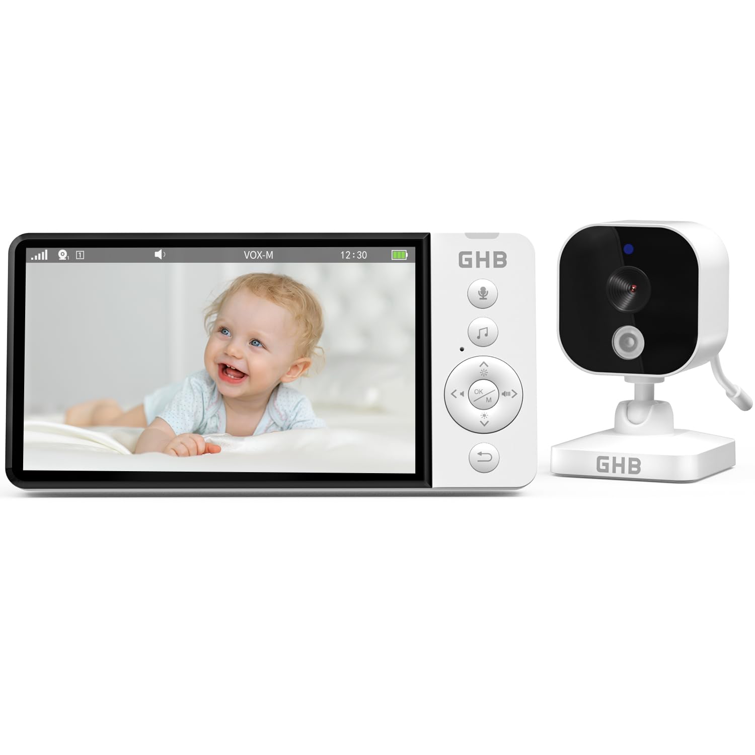 GHB Babyphone Camera 5" 720P HD Ekran IPS Zoom 4X 8 kołysanek noktowizor VOX czujnik temperatury bez zdalnego obrotu
