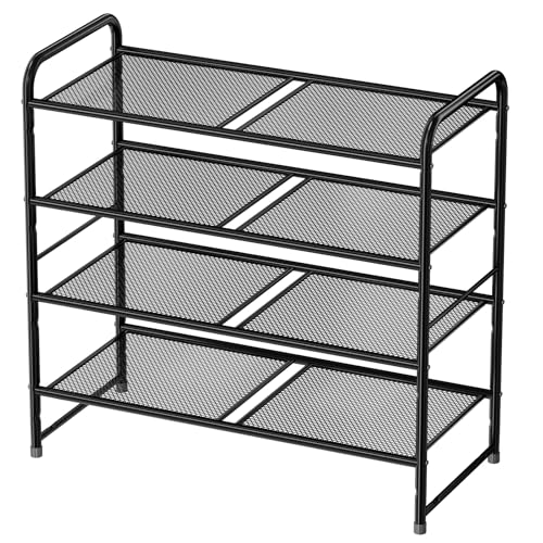 Image of Shoe Rack, 4 Tier 27 inch Wide Metal Mesh Shoe Organizer for Closet Holds up to 12-15 Pairs, Stackable, Black