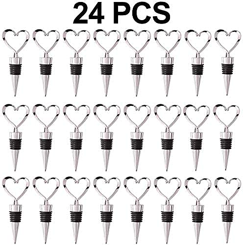 Amadj 24 Pack Zinc Alloy Heart Wine Bottle Stopper And Beverage Wine Bottle Stoppers With White Sheer Bag For Wedding,Holiday Party,Birthday(Silver Heart, 24) #TOP3