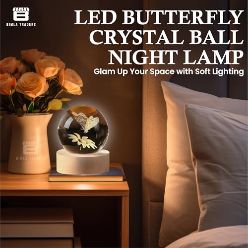 Image of 3D Crystal Sunflower with Butterfly Night Lamp LED Decoration Table Light with Wooden Stand for Bedside, Home Office Decor (Butterfly Sunflower)