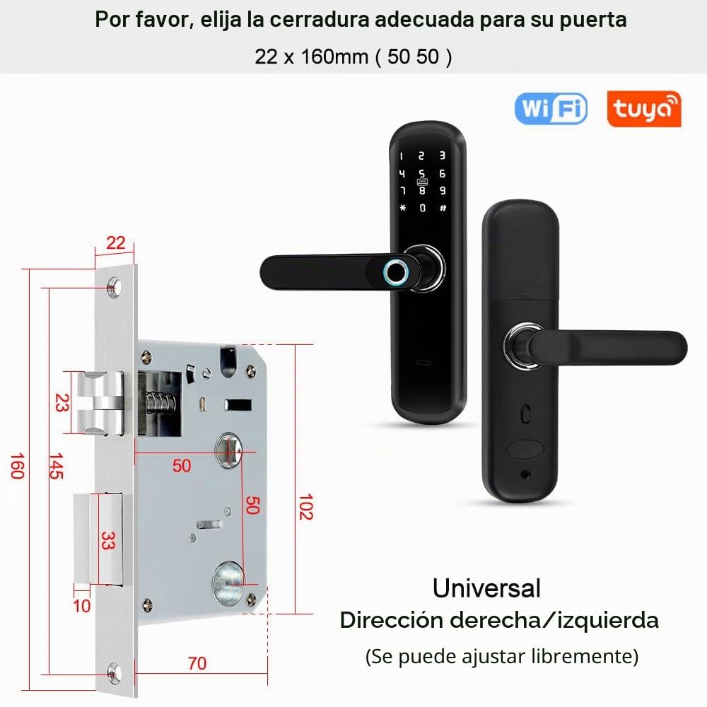 TUYA - Cerradura inteligente para puerta con asa: 5 en 1 cuenta con autenticación biométrica, contraseña digital, entrada sin llave de huellas dactilares y cerradura electrónica Bluetooth