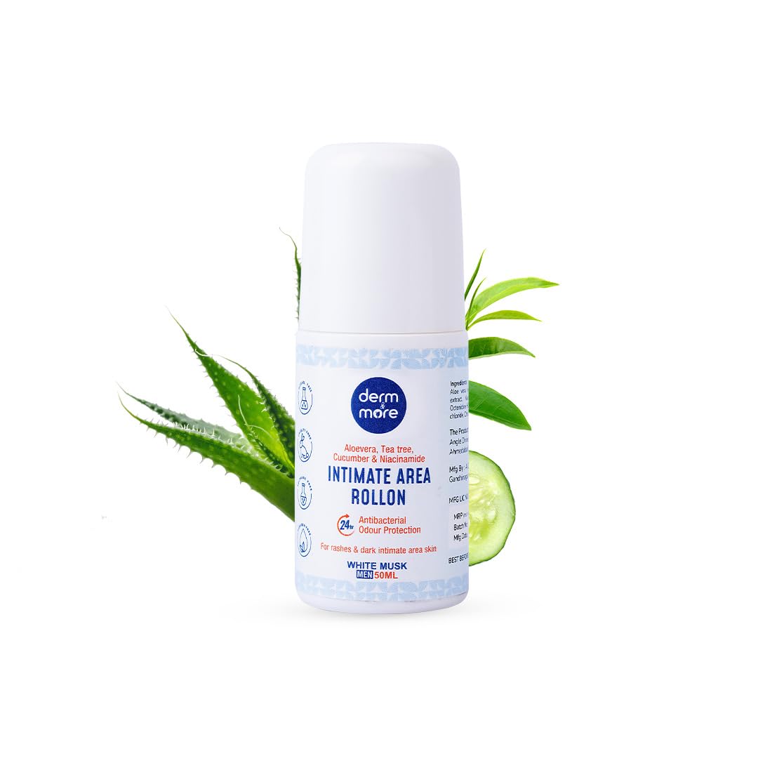 Intimate Area Underarm Rollon For Men | Cucumber, Aleovera, Teatree | White Musk Fragrance | Prevent odour, Protect from Rashes Itching Irritation, Prevent Infection | Alcohol Free | 50 ml (Pack of 1)