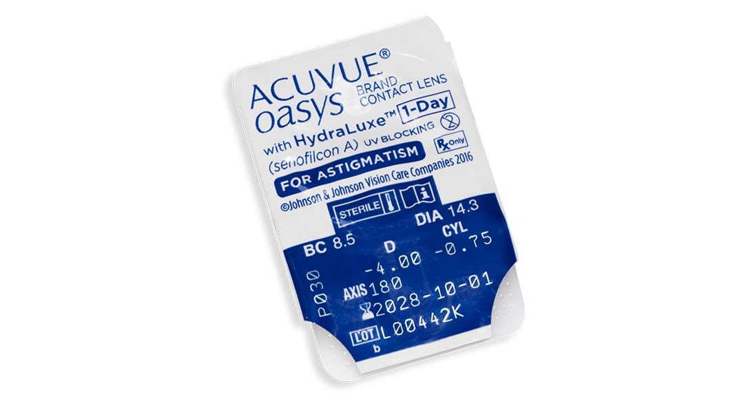 ACUVUE OASYS 1-Day for Astigmatism Kontaktlinsen – Tageslinsen mit komfortablem Tragegefühl – -7 dpt, Cyl -0,75, Ach 180 und BC 8.5 – Mit UV Schutz und Austrocknungsschutz – 30 Linsen