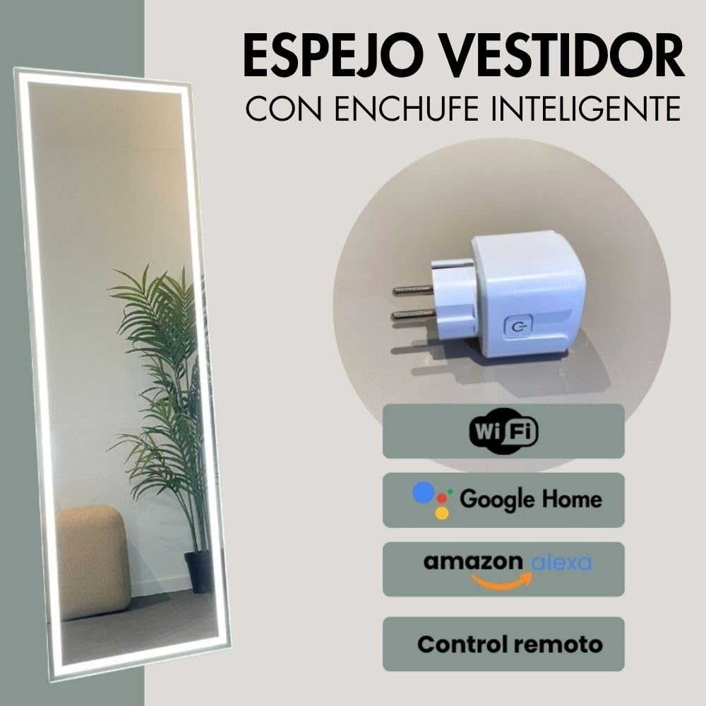 Espejo de pie con luz led Neutra y Enchufe Inteligente Medidas 50 cm x 160 cm PARÍS