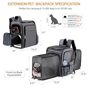   Pet-Travel-Carrier-Backpack-Soft-Sided-Breathable-Mesh-Cat-Carrier-Backpack-for-catDogsPuppies-Up-to-20-LbsDual-Side-Expandable-to-17-x-135-x-36-inches-Grey-Black-Mesh