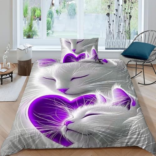 Parure de lit 2 pièces chat blanc violet 100% coton 135x200cm pour lit simple