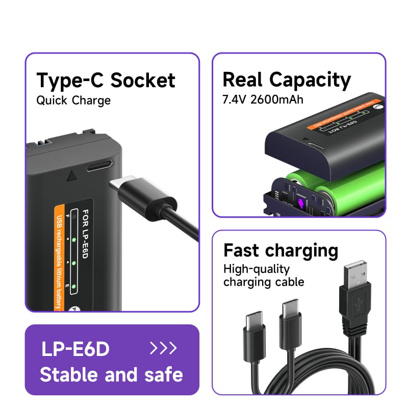 Batteria USB-C Per Canon LP-E6 | 2 Pezzi Da 2400mAh | Compatibile Con 5D, 6D, 7D, 60D, 70D - Foto 6