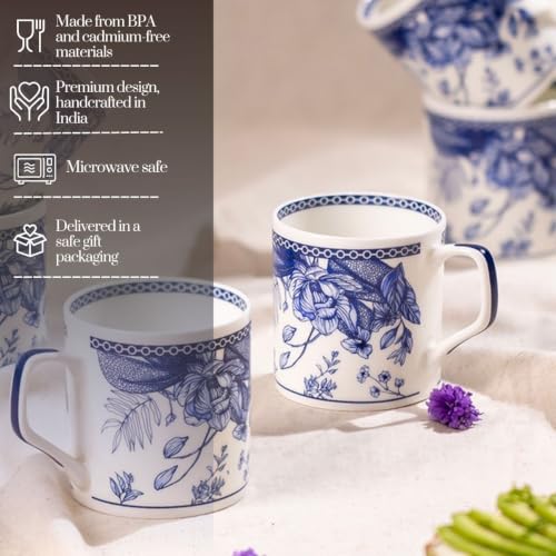Image of GOLDEN QUEEN'S Handcrafted Floral Tea Cups - Set of 6 | Perfect for Daily Use, Elevate Your Tea and Coffee Experience - Blue Palm