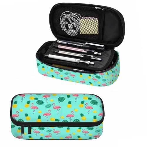 Image of Pink Flamingo Pencil Case Flamingo Exotic Tropical Leaves Pineapples Bird Pencil Bag Pen Markers Pouch Holder Organizer for Boy Girl School Students