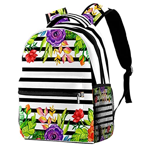 Sac à dos campus noir et blanc imprimé floral pour filles garçons